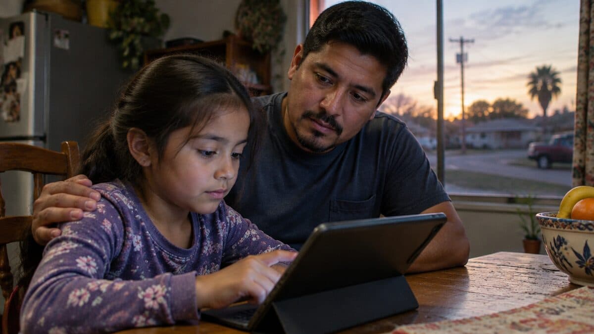 A father watching over his daughter as she uses a tablet at the kitchen table