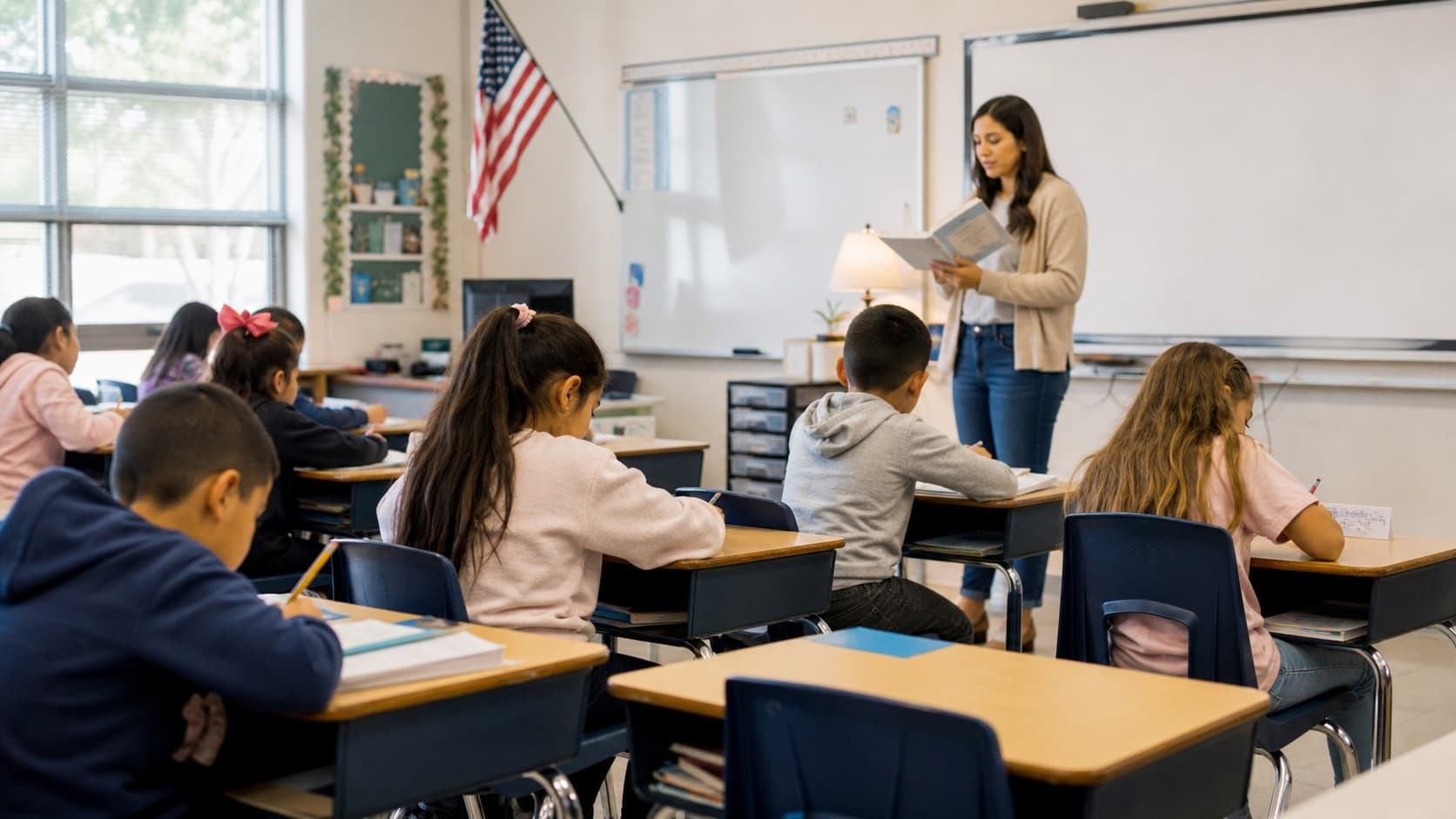 Teacher reading to students at desks in a classroom with an American flag