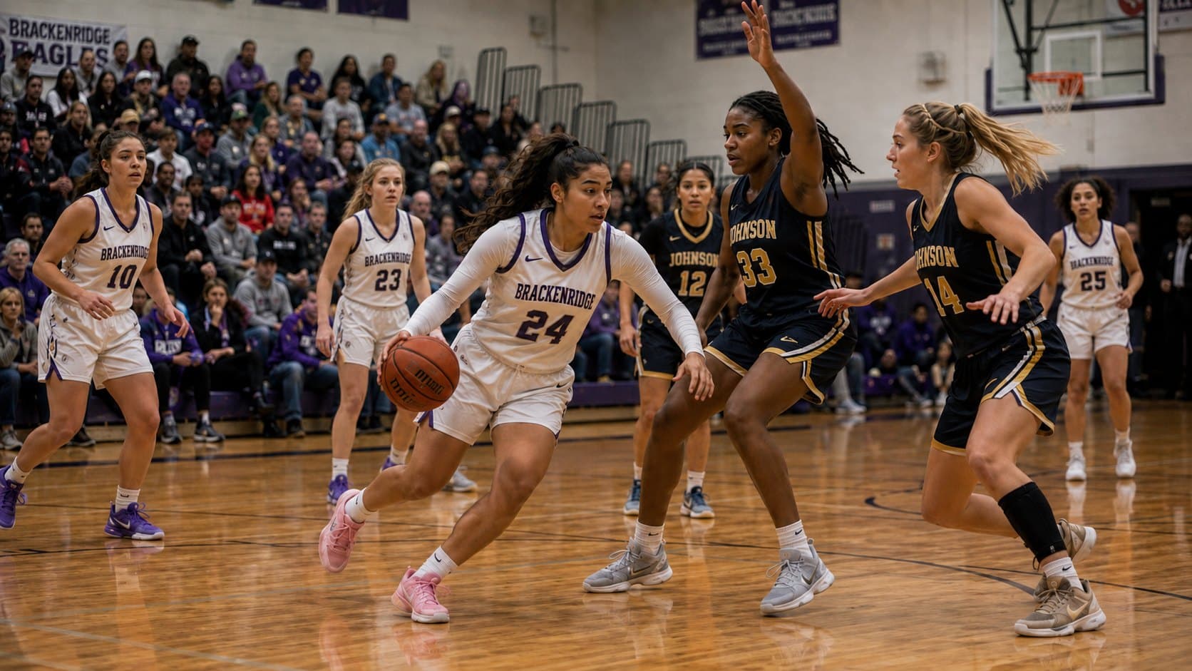 High school girls' basketball players competing during a game in a packed school gym