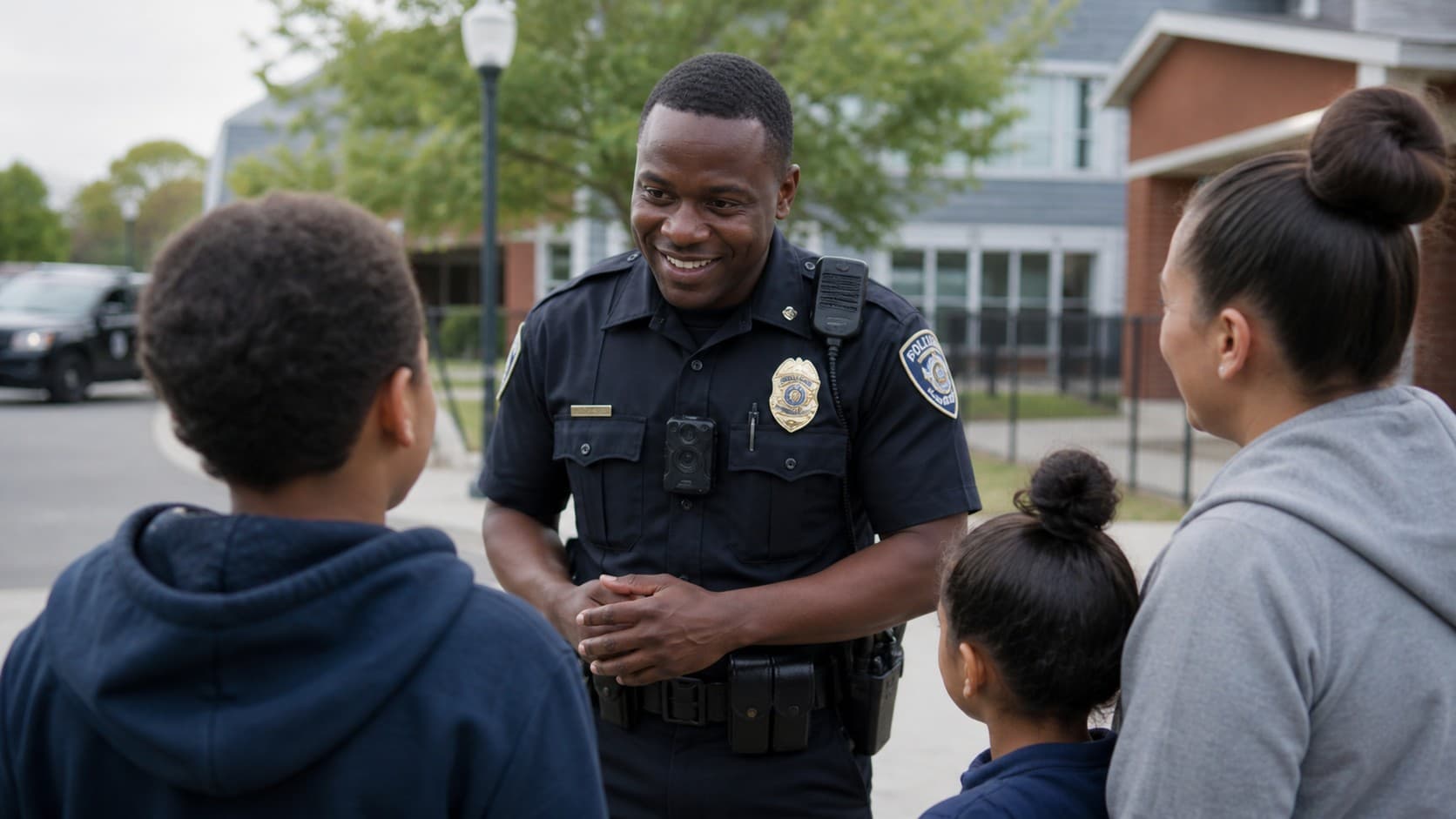 Smiling police officer talking with a family in a neighborhood