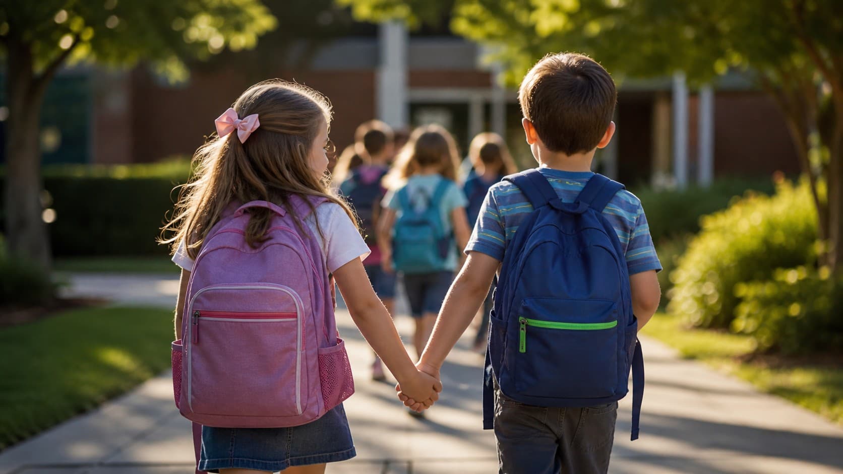 Two young students with backpacks walking to school holding hands